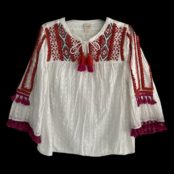 Chico's White Tassel Embroidery Top Blouse Size M Boho Artsy Eclectic V Neck - Picture 1 of 9